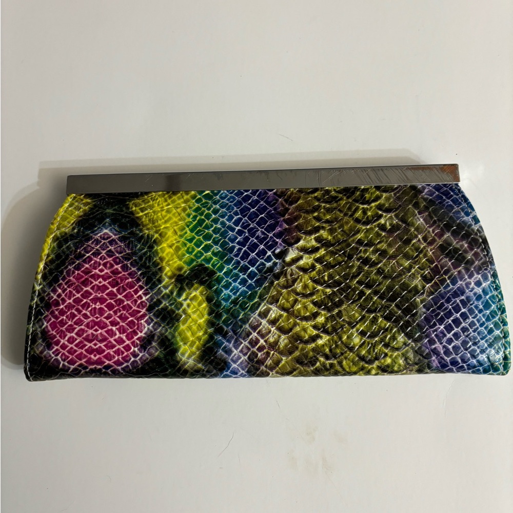 Multicolor Snakeskin Clutch with Metal Push Through Fold Over Clasp - Picture 2 of 8
